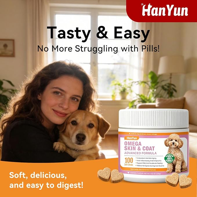 Omega 3 Skin and Coat Supplement for Dogs,100 Chews Fish Oil for Dogs Chews - Allergy and Itch Relief - Anti Shedding Supplement - Dry Skin Treatment - Salmon Oil