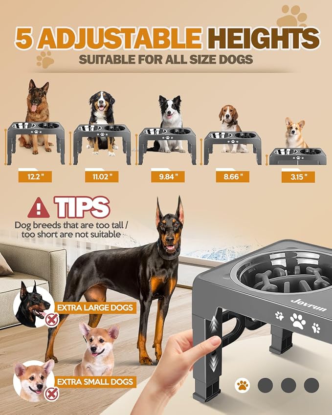 Jovrun Elevated Dog Bowls for Small Medium Large Size Dogs, Non-Slip Dog Feeder with 2 Food Water Bowls, 2-5 Heights Adjustable Raised Bowls Stand