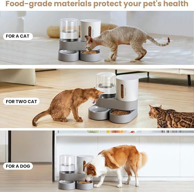 2 Pack Automatic Cat Feeder Stainless Steel Water Dispenser Gravity Food Feeder and Waterer Set with Pet Food Bowl for Small Medium Kitten Puppy Pets Large Capacity(Grey)