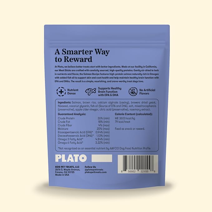 Plato Meat Sticks Salmon Dog Treats, Air-Dried High-Protein Soft Chews with Omega Fish Oil (EPA & DHA), 18 oz