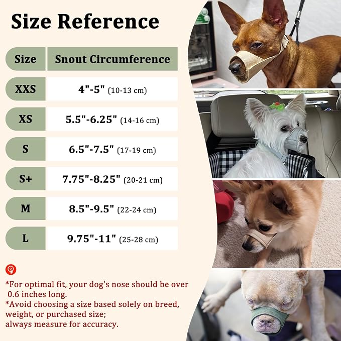 Fabric Dog Muzzle for Short Snout Small Dogs Chihuahuas Anti-Bite | Fits Shih Tzu Pomeranian Yorkshire Brachycephalic Dog, Grooming Vet Visits Walking Use, Prevent Chewing, Soft | Green, S+