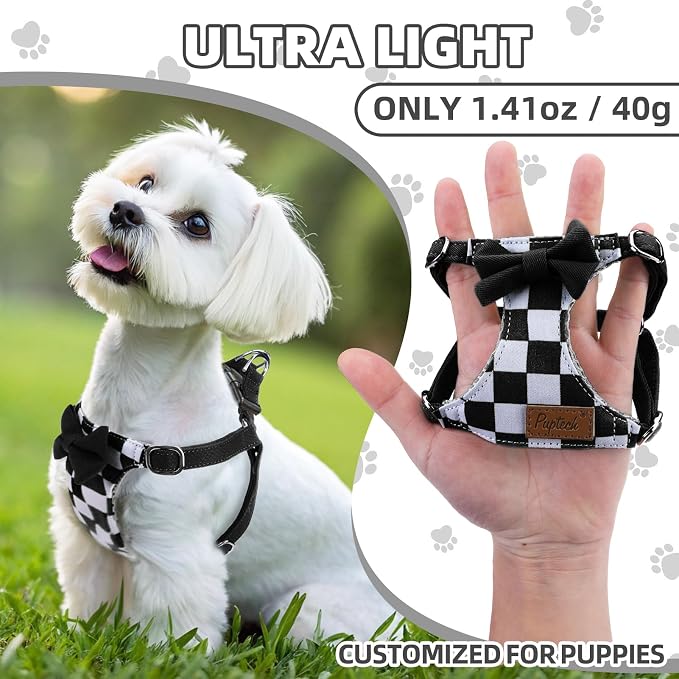 PUPTECK Dog Harness and Leash Set Small Sized, Lightweight Step-in Puppy Harness, Escape Proof No Pull Cute Pet Vest Harnesses, Black&White Checkered XS