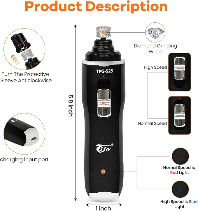 Tife Dog Nail Grinder,2 Speed Electric Rechargeable Dog Nail Trimmer,Quiet and Low-Vibration Pet Nail Grinder,Painless Dog&Cat Grooming Supplies for Large Medium Small Pets