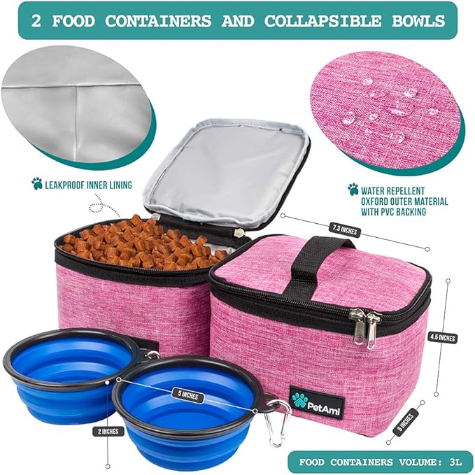 PetAmi Dog Travel Bag Organizer with Food Container & Bowls, Pink, Medium