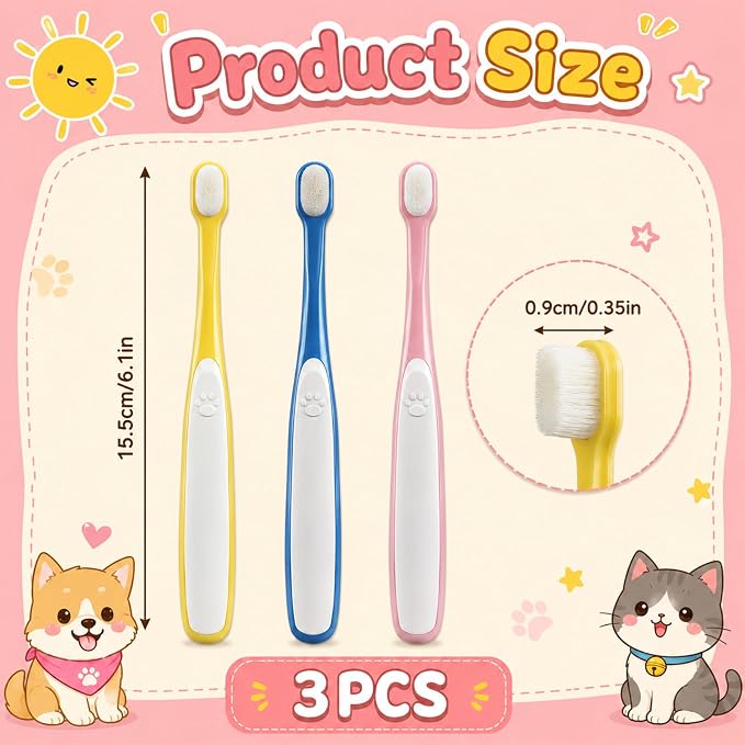 3 PCS Small Dog Toothbrush, Soft Puppy Toothbrush Deep Cleaning Mini Head Tooth Brush with Clear Case for Puppy Kitten Tiny Pets, Pink & Yellow & Blue