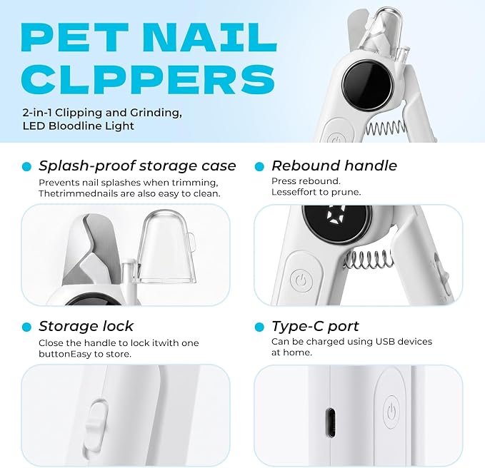 2-in-1 Pet Nail Clipper with LED Light & Digital Display - White
