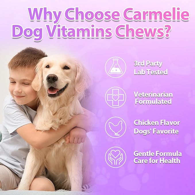 Carmelie Dog Vitamins, 24 in 1 Dog Multivitamins is Human Grade, 200 Chews | Premium Glucosamine Probiotics Omega-3, for Hip & Joint, Itch Relief, Skin & Coat, Immune, Digestive, Puppy & Senior, Chicken