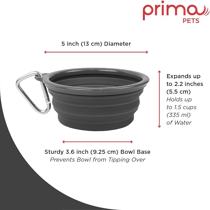 Prima Pet Collapsible Silicone Water Travel Bowl with Clip, Small 1.5 Cups, Grey