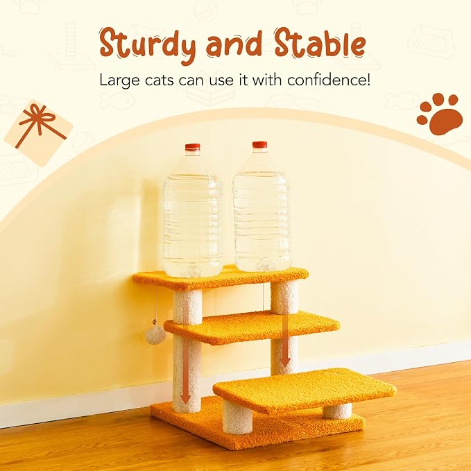 15''H Multi-Step Pet Stairs for High Beds & Sofas, 3-Step Cat Stairs with 2 Toy Balls, Wide Boards for Indoor Kittens Dogs Pets Climbing, Yellow