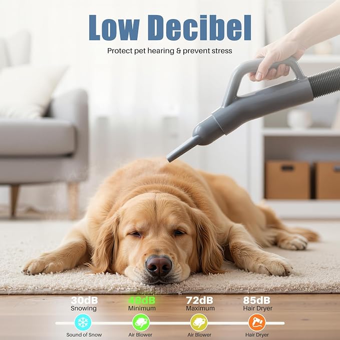 DUMOS Pet Blow Dryer Grooming Vacuum Kit, 6.5 FT Cord, 4 Nozzles | Dog Low Noise Hair Dryer with Adjustable Wind Speed & Heater Temperature, Cool-Warm-Hot Cycle Mode, Grey