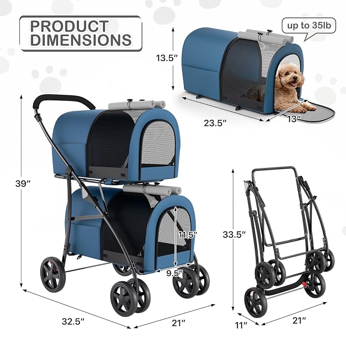 MoNiBloom Double Pet Stroller - Navy Blue/Gray, 4 Wheels