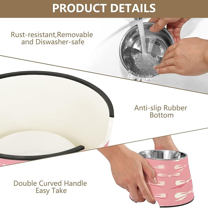 YETTASBIN Bow Pink Elevated Dog Bowls, Prevention of Vertebrae Disease Raised Dog & Cat Bowl Stand with Removable Stainless Steel Bowls, Non-Slip Spill-Proof Pet Food & Water Bowl Dish