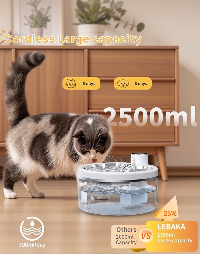 Wireless Cat Water Fountain [with Stainless Steel Tray], 84oz/2.5L Pet Fountain for Cats Inside, Cat Fountain for Drinking with Motion Sensor, Ultra Quiet for Small Animals-[BPA-Free] (84oz+8Filters)