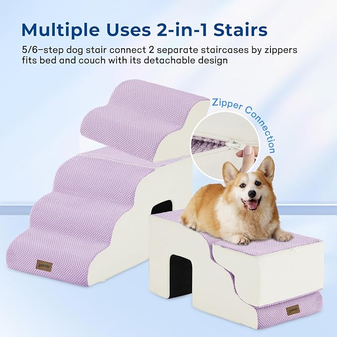 ZOMISIA Dog Ramp for Large Dogs - 24"H 5-Step Pet Stairs for High Beds with Tunnel, 2-in-1 Design with Zippers, Suitable for Indoor Cat Ladders with Non-Slip Bottom, Beige