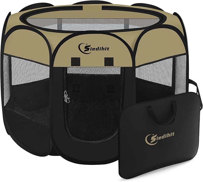 Siedihit Puppy Playpen for Small Dog Cat, Dogs Tent Crate Cage Indoor/Outdoor, Portable Pop Up Dog Kennel with Carrying Bag for Rabbits, Removable Top (Black Khaki, Small)