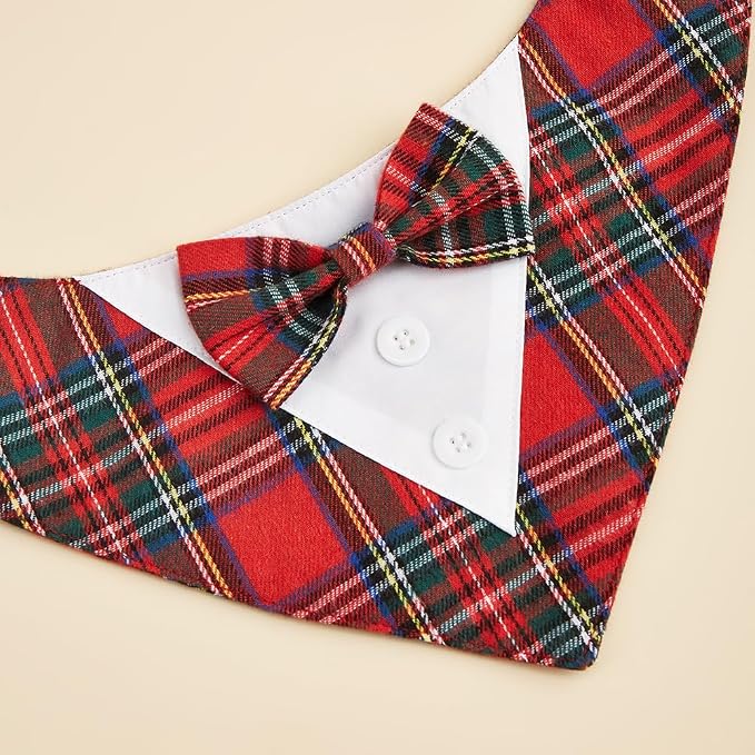 Adjustable Red Plaid Christmas Dog Tuxedo Bandana with Bow Tie, Medium, XS, Red