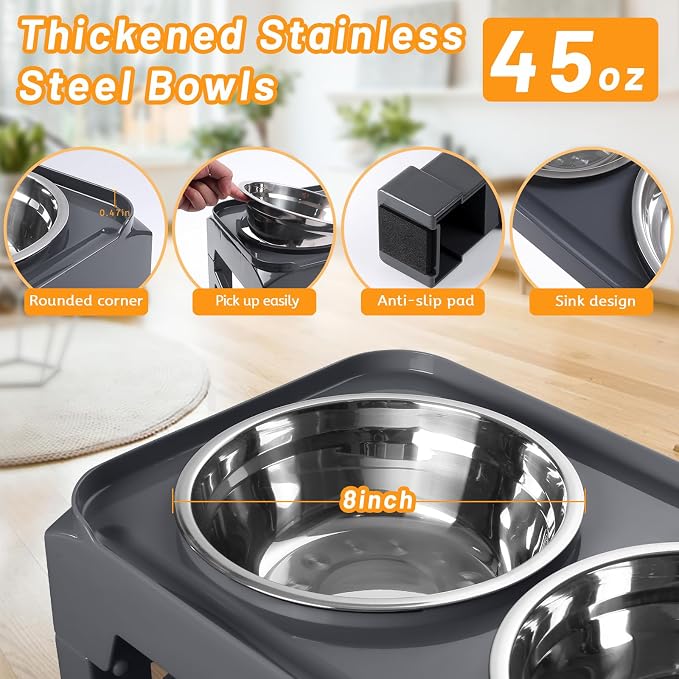 Elevated Dog Bowls with 2 Stainless Steel Dog Food and Water Bowls+Pet Food Scoop Raised Bowl Adjusts to 5 Heights (3.15",8.66",9.84",11.02", 12.2") for Small Medium and Large Dogs Cats (Grey)