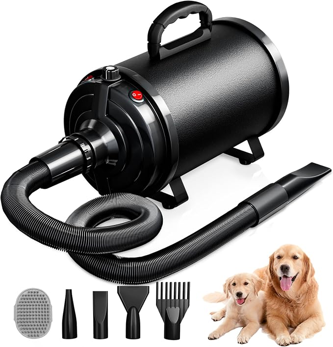 Dog Hair Dryer, High Velocity Pet Blower Grooming Dryer, Black | Dog Blow Dryer, 3800W/5.2HP for Large Dogs, Stepless Adjustable Speed, 4 Different Nozzles, Dog Brush Included
