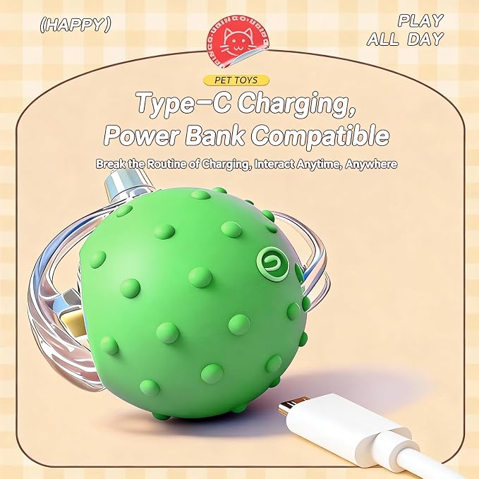 Automatic Chirping Cat Ball, 3 Interchangeable Tails for Indoor Cats, Green | Self-moving interactive cat toy, entertains bored kittens, automatic self-play enrichment for indoor cats
