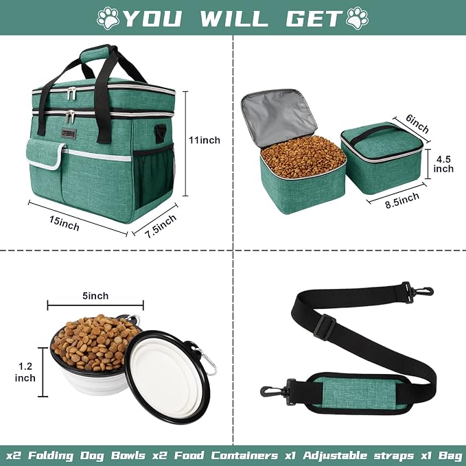 BAGLHER Dog Travel Bag, Double-Layer, with Food Containers & Bowls, Green