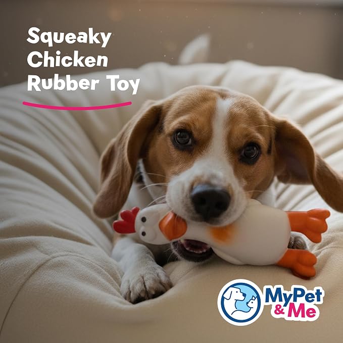 My Pet & Me Rubber Squeaky Dog Toys for Small Dogs and Puppies, Soft Latex Squeak Toy for Light to Moderate Chewers, Teething and Fetch Play with Squeaker (White Chicken, 7.8 Inch)