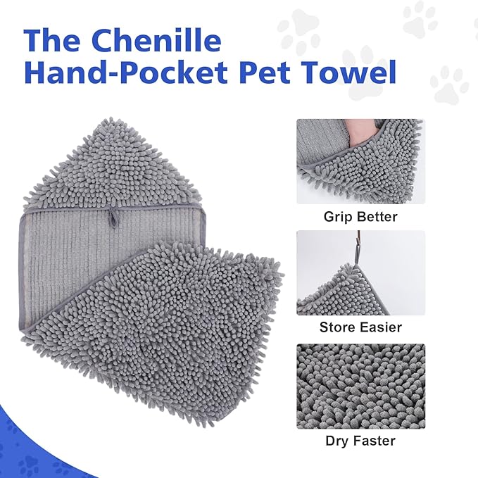 WOUSEDO Quick Dry Shammy Dog Towel, Super Absorbent Microfiber & Chenille Pet Bath Towel for Dogs, Extra Large 13.8 x 31.5 Inches, Wash Grooming Towels for Small to Large Pets (1- Pack Grey)