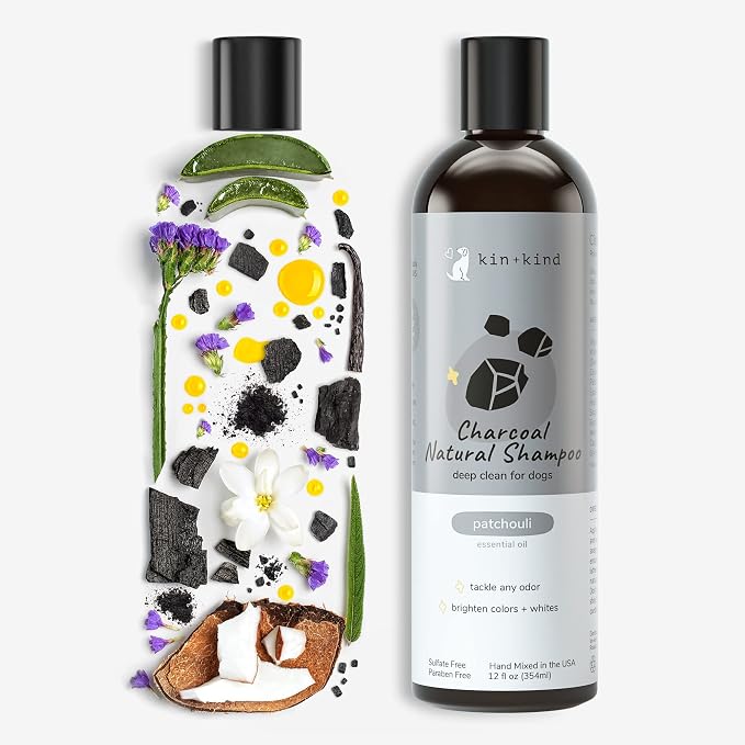 kin+kind Charcoal Natural Dog Shampoo - Deep Cleaning & Odor Control - Patchouli Fragrance - 12 fl oz