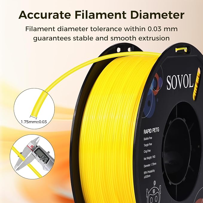 Sovol 3D Printer Rapid PETG Filament 1.75mm 1KG (2.2lbs), High Precision, Strong Toughness, Wiring Tightness, Dimensional Accuracy +/- 0.03 mm, 3D Printing High Speed PETG Filaments, Yellow