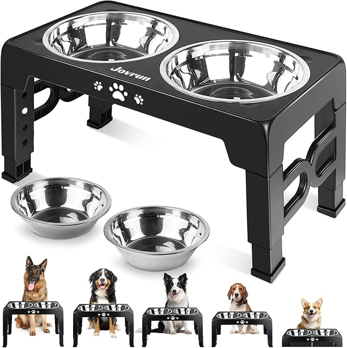 Jovrun Elevated Dog Bowls for Small Medium Large Size Dogs, Non-Slip Dog Feeder with 2 Food Water Bowls, 2-5 Heights Adjustable Raised Bowls Stand