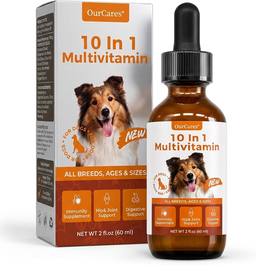 Liquid Dog Vitamins, Multivitamin Drops with Glucosamine, 2 fl oz | MSM & cranberry with vitamins B, C, D3 for skin, coat, energy, immune & urinary health. Tasteless for picky and senior dogs.