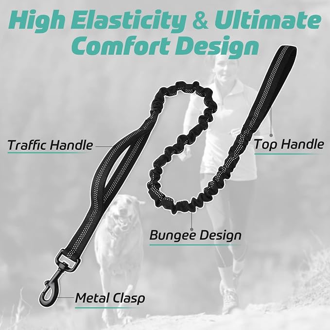 rabbitgoo Tactical Dog Leash, Heavy Duty Training Bungee Lead | Military Leash with 2 Padded Control Handles for Medium Large Dogs, No Pull for Shock Absorption, Reflective, Black, 5.2FT