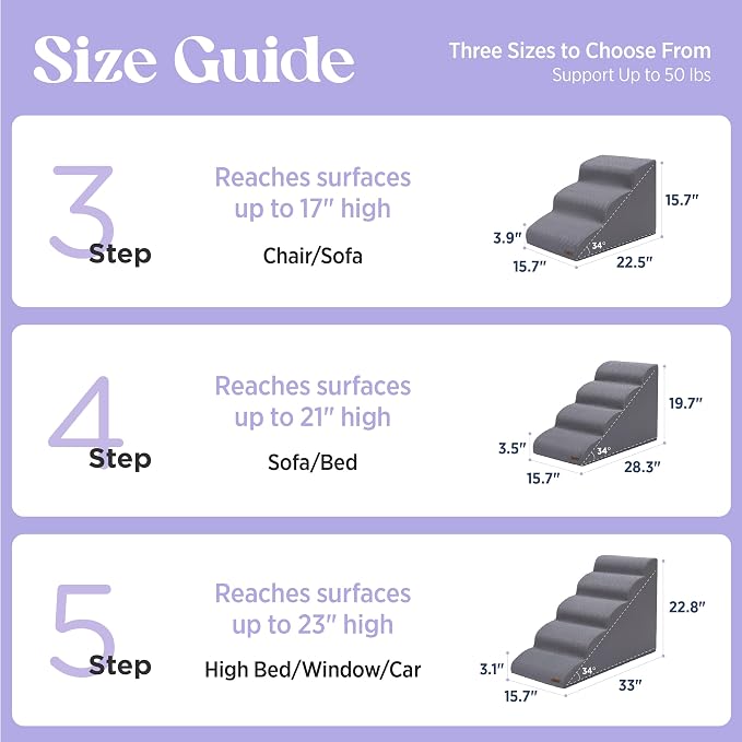 Lesure Dog Stairs for Small Dogs and Cats Pet Steps Ramp for Bed and Couch with CertiPUR-US Certified Foam with Non-Slip Bottom, Grey, 3 Steps
