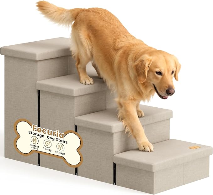 4-Step Wide Dog Stairs with Storage 23" H, Non-Slip Sturdy Pet Steps for High Bed Couch Window, Pet Stairs for Small/Medium/Large Old Dogs Cats Up to 220lbs, Cat Dog Steps for Car/SUV, Beige