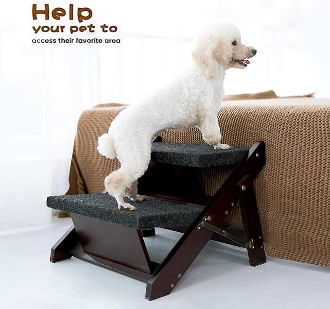 MEWANG Wooden Pet Stairs/Pet Steps - 2-in-1 Foldable Stairs & Ramp for Beds and Cars - Portable Dog/Cat Ladder Up to 220 Pounds - Great for Small and Older Animals(Brown) (17.3" L x 17.24" W x 13" H)