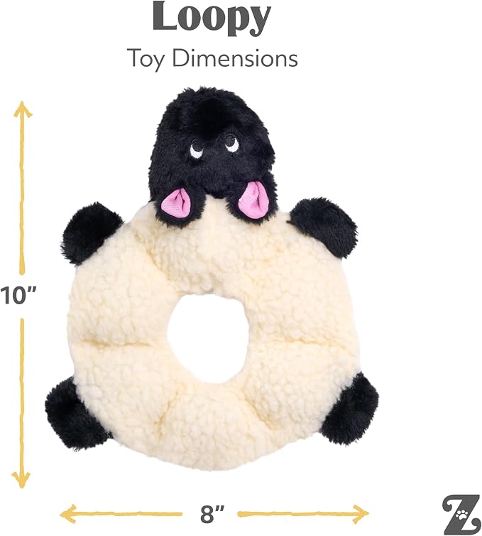 ZippyPaws Loopy No Stuffing Dog Toys to Keep Them Busy - 10" | For Small, Medium, & Large Dogs, Squeaky Pet Toy for Boredom, Unstuffed Chew Toy, Soft Plush Puppy Products, Sheep