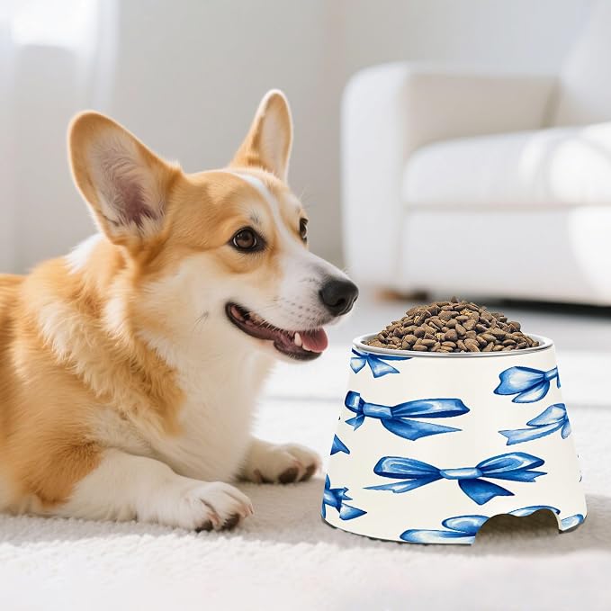 YETTASBIN Blue Bow Elevated Dog Bowls, Prevention of Vertebrae Disease Raised Dog & Cat Bowl Stand with Removable Stainless Steel Bowls, Non-Slip Spill-Proof Pet Food & Water Bowl Dish