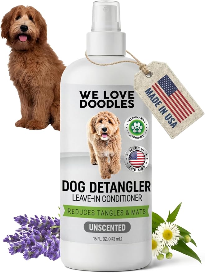 Dog Detangler Spray, Leave-in Conditioner Spray for Dogs, Unscented, 16 oz | Best Detangling & Dematting Spray for Dogs, Tangled & Matted Hair Remover for Goldendoodles, Doodles & Poodles, Made in USA