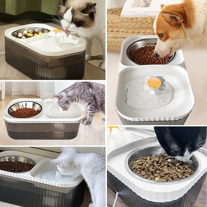 Cat Water Fountain Food Bowl Stainless Steel, 101oz/3L Automatic Pet Water Fountain, Dog Water Dispenser with Smart Pump 2 Filters for Cats, Dogs, Multiple Pets