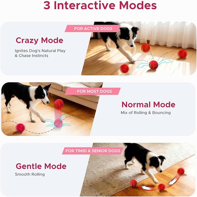 Dog Toys for Small Medium Dog to Keep Them Busy, Smart Interactive Dog Toys, Automatic Moving Bouncy Dog Balls 3-Modes with Lights, Motion Activated Rolling Dog Balls, Mental Stimulation, E-TPU Red
