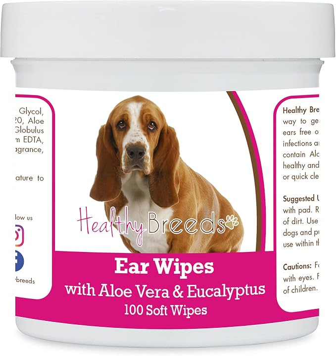 Healthy Breeds Basset Hound Ear Cleaning Wipes with Aloe & Eucalyptus, 100 Count, White
