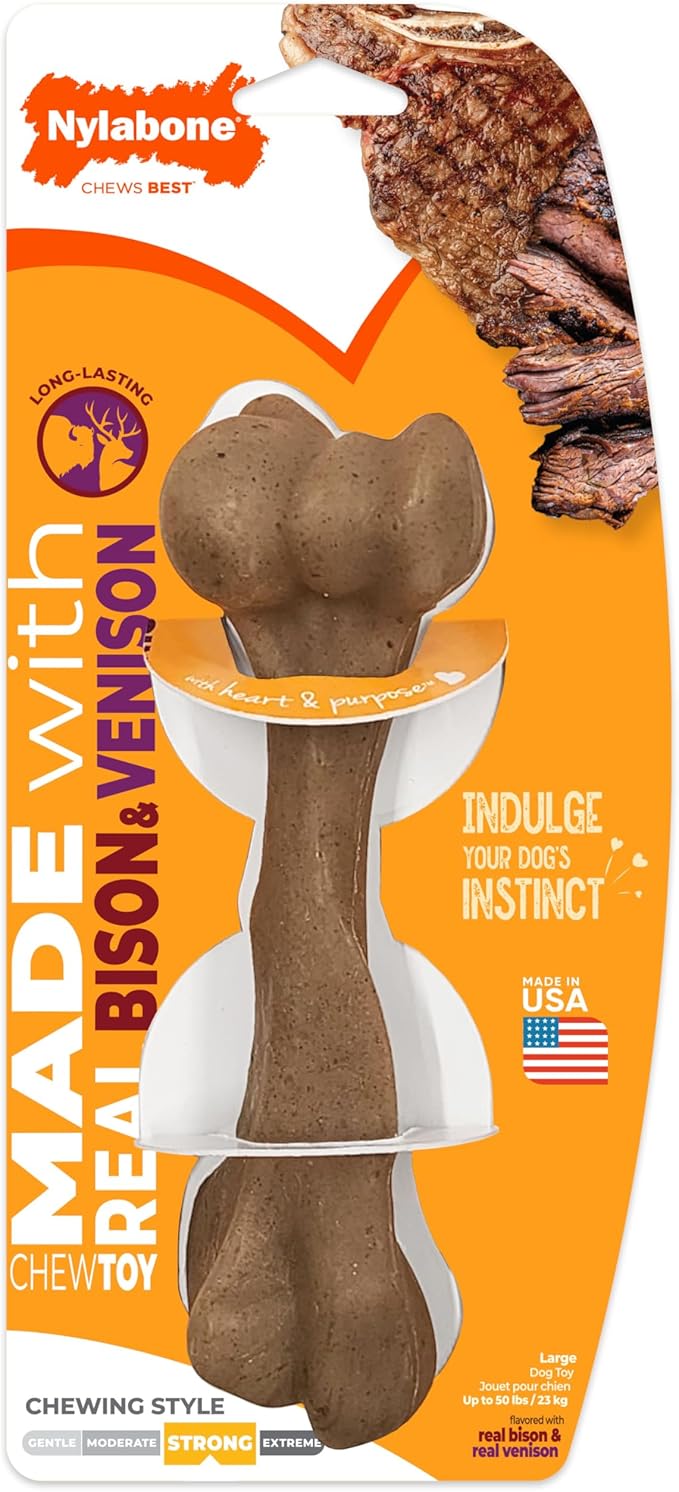 Nylabone Strong Chew Femur Bone Dog Toy, Dog Bone for Aggressive Chewers | Dog bones for large dogs and strong chewers, long-lasting chew toy made with real bison & venison