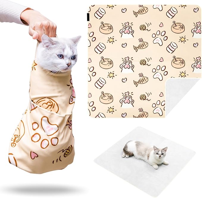 35.5" Extra Large Cat Grooming Wrap for Large Cats & Small Dogs Anti-Escape, CUTE PATTERN(35.5" ), Large