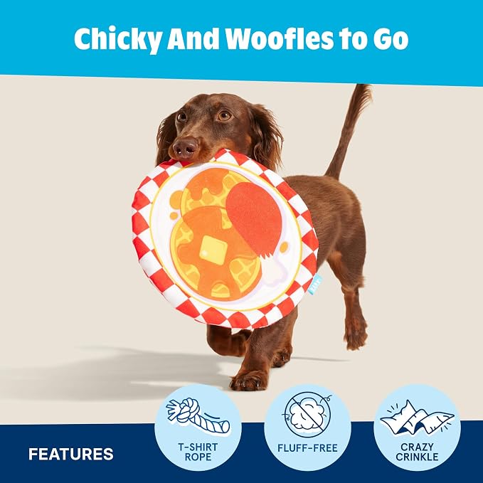 BarkBox Chicky and Woofles to Go Flying Disc Dog Toy - for Dogs | Fluff-Free Crinkle Disc with T-Shirt Rope Edge | Durable Fetch & Tug Toy & Puppies