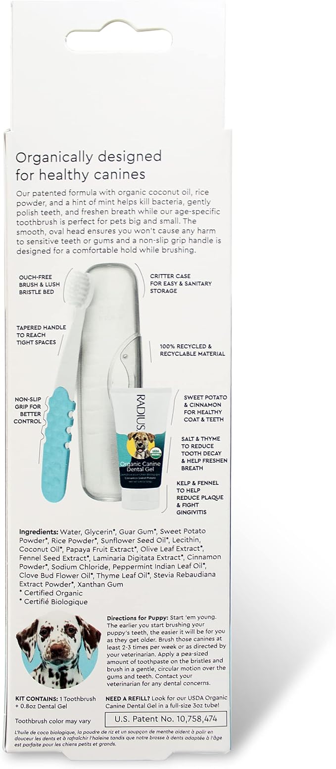 RADIUS USDA Organic Dental Solutions Puppy Kit 2 Units, Kit Includes 1 Dog Toothbrush & 1 0.8oz Toothpaste, Ultra Soft Bristle & Non Toxic Toothpaste for Dogs, Designed to Clean Teeth, Xylitol Free