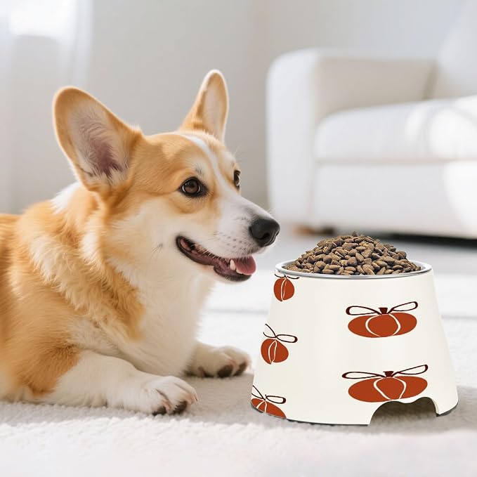 Blueangle Elevated Dog Bowls with Stainless Steel - Non-Slip 2.3 Cup High Capacity Pet Dish for Spinal Health & Pumpkins with Bows Design（155）