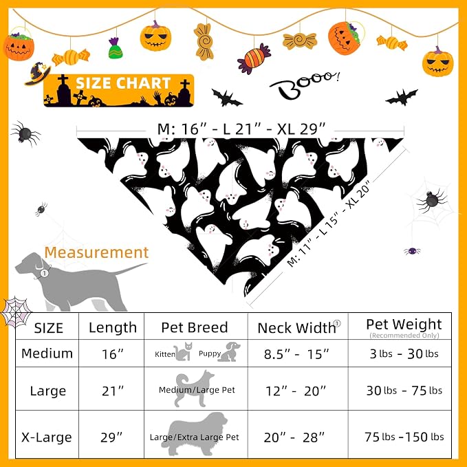 Halloween Dog Bandanas Black Ghost Spooky Costumes for Large Pets, Large, Black