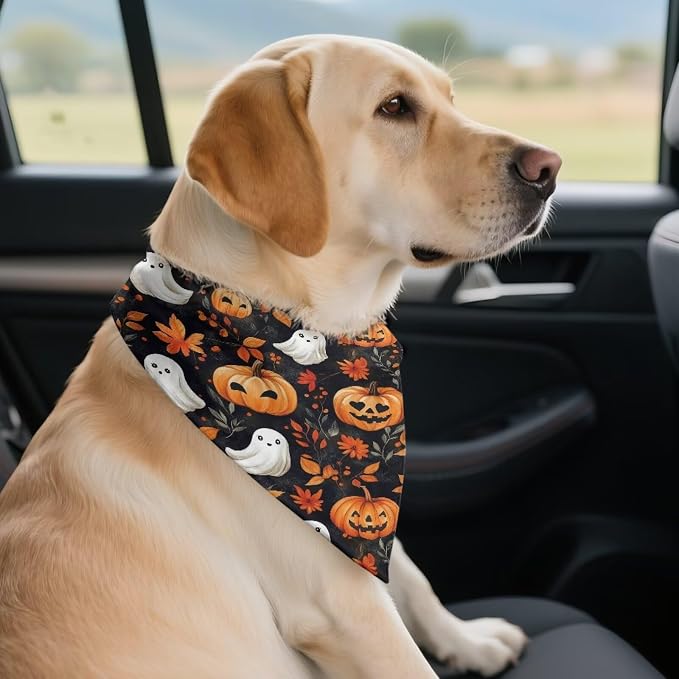 Jeiento Halloween Ghost Pumpkin Dog Bandanas Party Supplies Reversible Black Pet Scarf for Boy, Polyester, Black