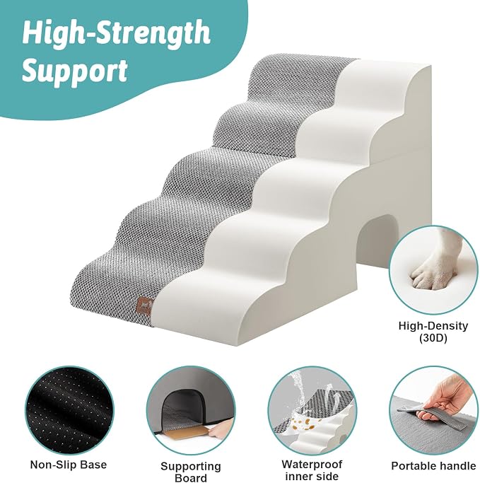 COZY KISS Small Dog Stairs with Tunnel, 5 Step Pet Ramp for High Bed | Curved Stable Dog Step for Puppy, Older Cat, Senior, Medium, Short-Legged Dog, Non-Slip Ladder for Car, 22.4" H, Grey