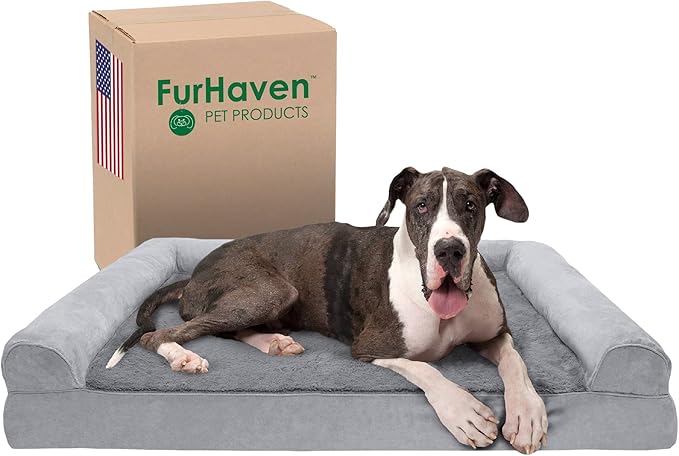 Furhaven Memory Foam Dog Bed for Large Dogs w/ Removable Bolsters & Washable Cover, For Dogs Up to 125 lbs - Plush & Suede Sofa - Gray, Jumbo Plus/XXL