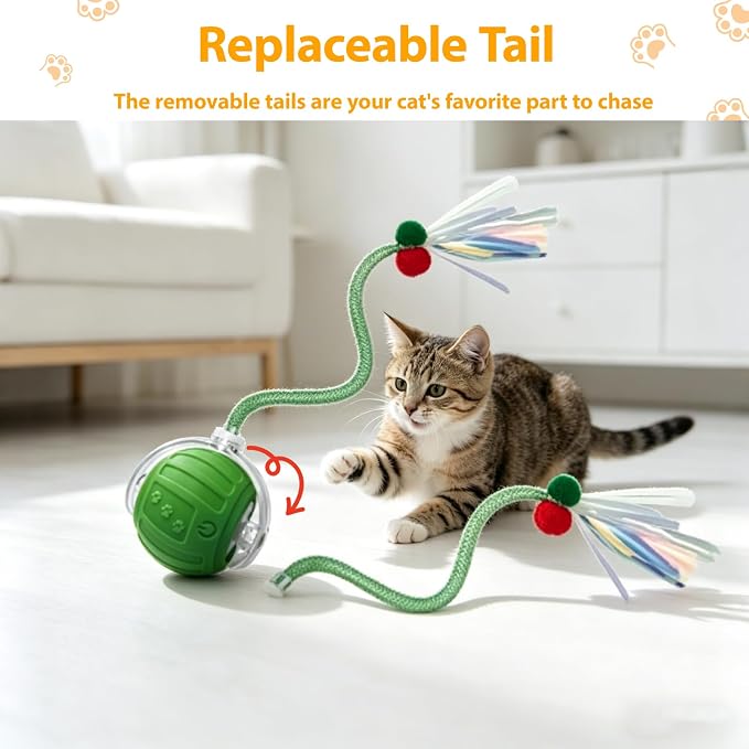 Interactive Cat Toys Ball for Indoor Cats, Automatic Self-Rolling, Motion-Activated, Bird Chirping Cats Dogs Ball Toy with Elastic Mesh Tail, Cat Enrichment Toys for Indoor Cats (Green)